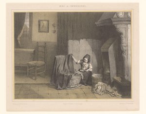 Interieur met een meisje bij de wieg door Karel Frederik Bombled