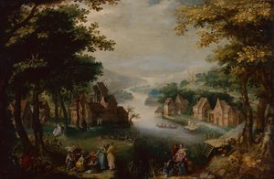 Vondst van Mozes met een Elegant Koppel, Dienaar en Jager door Karel van (circle of) Mander