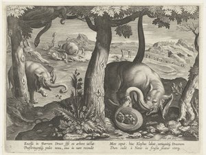 Olifant in gevecht met slang, Jachttaferelen (serietitel), Venationes Ferarum, auium, piscium pvgnae Bestiariorum (serietitel) door Karel van Mallery (attributed to)