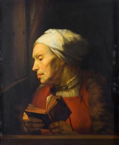 Portret van een oude vrouw met een open boek