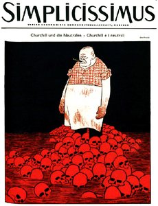Omslag van Duits tijdschrift Simplicissimus (circa ) toont Churchill en een rivier van bloed en schedels. c.1940 (litho)