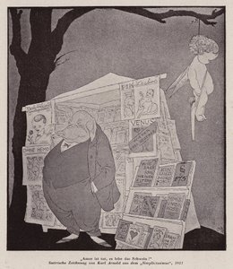 Cupido hangend aan een boom boven een straatkiosk die pornografie verkoopt (litho)
