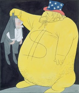 Uncle Sam als zak dollars met Poincare (aquarel, pen  inkt op papier)