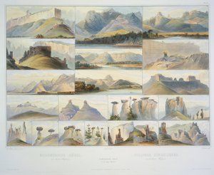 Opmerkelijke heuvels aan de bovenloop van de Missouri, gegraveerd door F. Salathe, gepubliceerd in 1839