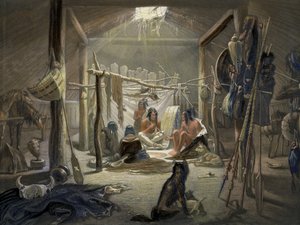 Het interieur van een hut van een Mandan-hoofdman, plaat 19 uit Volume 2 van Reizen in het Binnenland van Noord-Amerika, gegraveerd door Narcisse Desmadryl, 1844 (detail) door Karl Bodmer