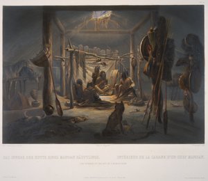 Het interieur van de hut van een Mandan-hoofdman