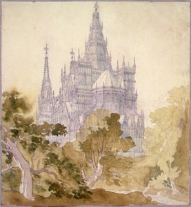 Een Bebost Landschap met een Gotische Kerk