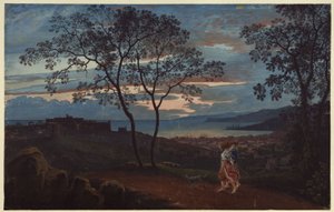 Gezicht op Triëst vanaf een hoogte bij avondstemming door Karl Friedrich Schinkel