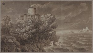 Rotsachtige zeekust met een vuurtoren in antieke stijl bij woelige zee door Karl Friedrich Schinkel
