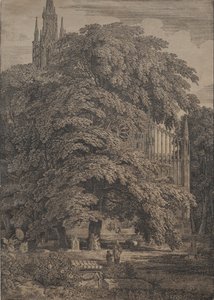 Gotische kerk tussen eiken door Karl Friedrich Schinkel