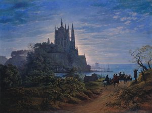 Gotische kerk op een rots aan zee door Karl Friedrich Schinkel