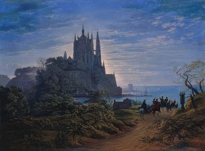 Gotische kerk op een rots aan zee door Karl Friedrich Schinkel