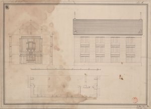 Tillendorf (Bolesławice, district Liegnitz). Ontwerp voor de protestantse kerk. Plattegrond, opstand van de zijgevel en dwarsdoorsnede door Karl Friedrich Schinkel
