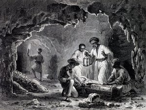 Archeologische ontdekkingen in grotten van Samoun, gravure gebaseerd op tekening door Karl Girardet door Karl Girardet