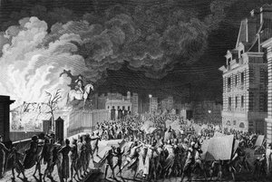 Begin van de Franse revolutie: Brand van de wachtkorpsen op de Pont Neuf in Parijs op 29 augustus 1788