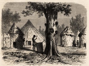 De boom van oorlog, in een dorp Djour, Bahr-el-Gazal regio, Soedan, tekening door Karl Girardet (1813-1871) ter illustratie van de reis naar de rivier van de gazellen van A. Bolognesi, in 1856-1857. Gravure in 