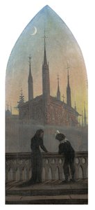 Mensen in oude Duitse kleding in contemplatie van een middeleeuwse stad