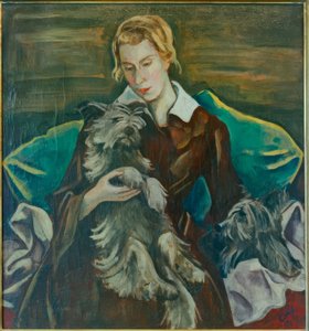 Bildnis Felicitas Haller mit ihren Skyeterriern Romulus und Remus von Karl Hofer