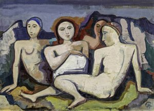 Figuratieve compositie (vier zittende vrouwen in landschap)
