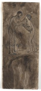 Compositieschets, naakte man en vrouw met kind. Onderaan, ondersteboven, naakte figuur