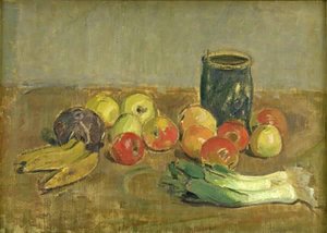 Stilleven. Appels, prei, bananen en groene pot