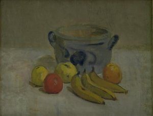 Stilleven met grijze pot, appels en bananen