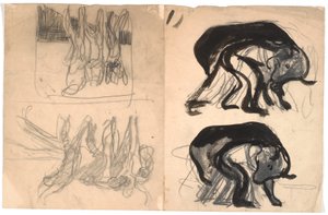 T.v: twee compositieschetsen met een gebogen mens onder een beerachtig dier. T.h.: twee compositieschetsen met meerdere figuren