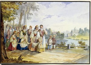 Russische boerinnen in feestjurk