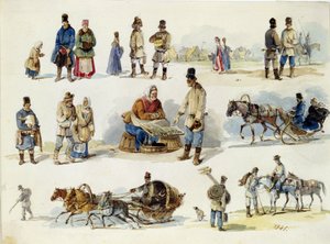 Volkssoorten van Rusland. Werk van Karl Ivanovich Kolmann, aquarel op karton
