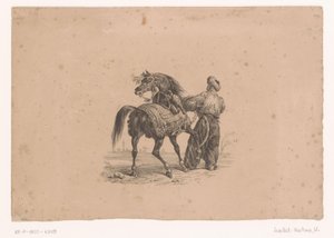 Paard en staande man in Ottomaanse kledij door Karl Loeillot Hartwig