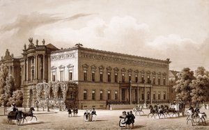 Unter den Linden, Berlijn. Het paleis van prins Wilhelm, gebouwd door Karl Langhans in 1834-36, en de Koninklijke Bibliotheek, gebouwd door Georg Christian Unger 1775-78 volgens plannen van Josef Emanuel Fischer von Erlach, met uitzicht op de Platz am Oper door Karl Loeillot Hartwig