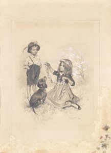 Twee kinderen spelen in een weiland met bloemen en een teckel door Karl Ludwig Prinz