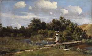 Zomerse landschap met een wasvrouw op een brug door Karl Millner