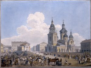Het hooi-marktplein en de Maria-Tenhemelopnemingkerk in Sint-Petersburg