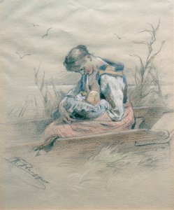Voedende vrouw in een boot aan de oever van de Chiemsee