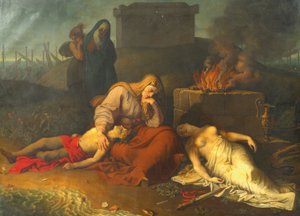 Hecabe met de lichamen van haar kinderen Polyxena en Polydoros bij het graf van Achilles door Karl Russ