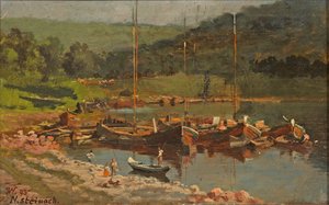 Karl Weysser - Schepen in Neckarsteinach, 1893 door Karl Weysser
