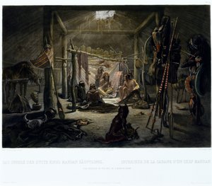 Het Interieur van de Hut van een Mandan Hoofdman, gegraveerd door Narcisse Edmond Desmadryl (c.1835)