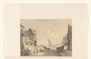 Gezicht op een gracht in een stad
