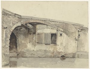 Oude brug met woning of keldersramen onder de kade