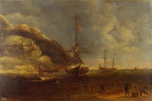 Kustzicht met schepen en vissers op de voorgrond door Kasper van Eyck