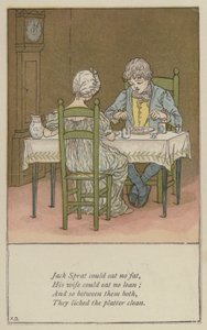 Jack Sprat kon geen vet eten (kleur litho) door Kate (after) Greenaway