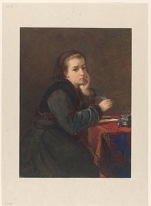 Meisje, zittend schrijvend aan een tafel door Kate Bisschop Swift