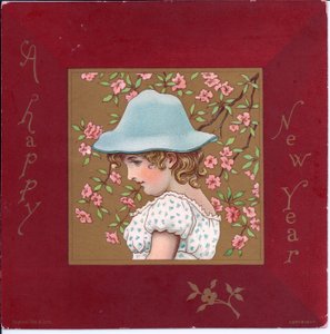 Victoriaanse kerstkaart van een meisje in regentiekleding met een mand bloemen, ca. 1880 door Kate Greenaway