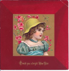 Victoriaanse kerstkaart van een meisje in regentiekleding met een boeket bloemen, ca. 1880