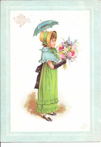 Victoriaanse wenskaart van kinderen in kostuum die dansen, ca. 1880 door Kate Greenaway