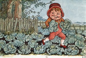 Een kabouter steelt kool uit een moestuin. Illustratie door Kate Greenaway uit het boek 