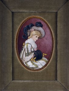 Ovaal portret van een blond meisje met een gevederde hoed en haar handen in haar mof door Kate Greenaway