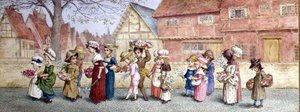 Processie van zestien kinderen die bloemen dragen, ca.1876