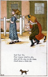 Vertel sprookje tit / Je tong zal worden gespleten: Illustratie door Kate Greenaway voor een boek met kinderrijmpjes. Chromolithografie door Kate Greenaway